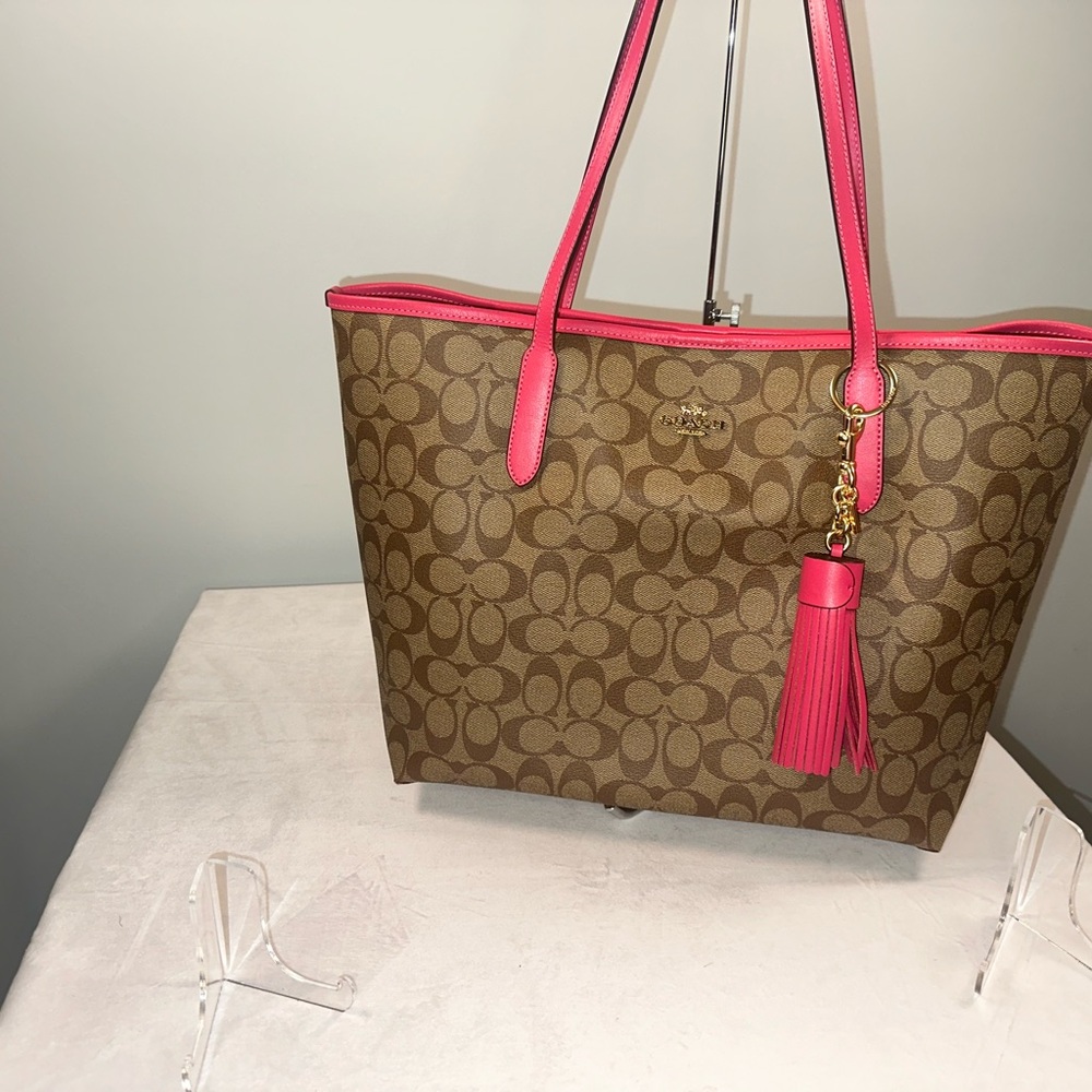Coach City Tote with Pink trim and leather bag charm